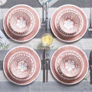 Set di piatti da pranzo in melamina per uso alimentare infrangibile con motivo floreale rosa all'ingrosso Set di stoviglie in plastica