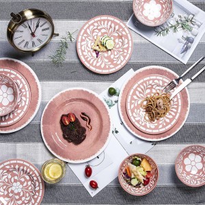 საბითუმო ვარდისფერი ყვავილის ნიმუში შეუვალი საკვები მელამინის კლასის სასადილო თეფშების ნაკრები პლასტიკური სადილის ნაკრები