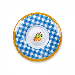Melamine 2 – Section Chip and Dip Dish: Blue Gingham Citrus Print | Shatterproof Food – Safe for Picnic & Party