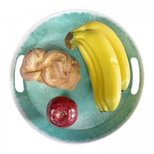 Bandeja redonda plástica de la alimentación de la melamina durable del diseño popular con las manijas