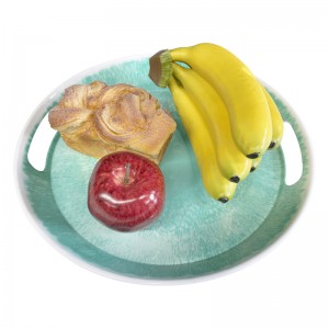 Popular nga Disenyo Durable Melamine Plastic Round Food Service Tray With Handles