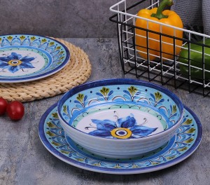 BPA Free Blue Flower Design 12pcs Piring sareng Mangkuk Melamin Dinnerware Sets pikeun Dishwasher Aman