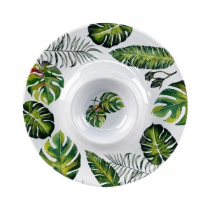 Usu à l'internu è à l'esterno 13 Inch Round Green Leaf Pattern Plastic Snack Platter Melamina Dip and Chip Tray