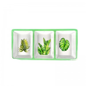 Tropical leaves Design Melamine White 3 Compartments Divided Dipping Sauce Dish Rectangular Plate Chip And Dip Tray