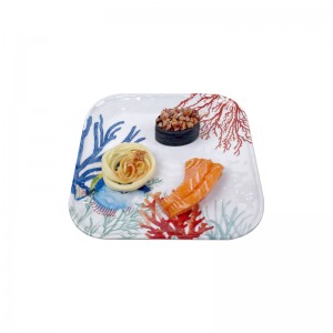Kundenspezifische Meereskorallen-Fischteller-Geschirr-Melamin-Quadrat-Dessert-Servierteller-Geschirr-Sets für Party-Restaurant