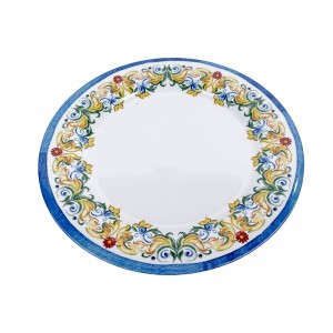 Plato de servicio de plato llano de 10 pulgadas con estampado de flores de melamina blanca única
