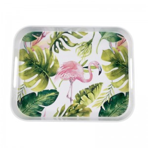 ထုတ်လုပ်သူ တိုက်ရိုက်ရောင်းချသည့် စတုဂံပုံသဏ္ဍာန် နွေရာသီ Flamingos ပုံစံ Unbreakable Melamine Ware Tray