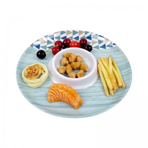 Kostenlose Muster-Serviertabletts für Snacks, maßgefertigt, großes, rundes, lebensmittelechtes Melamin-Dip- und Chipstablett aus Kunststoff