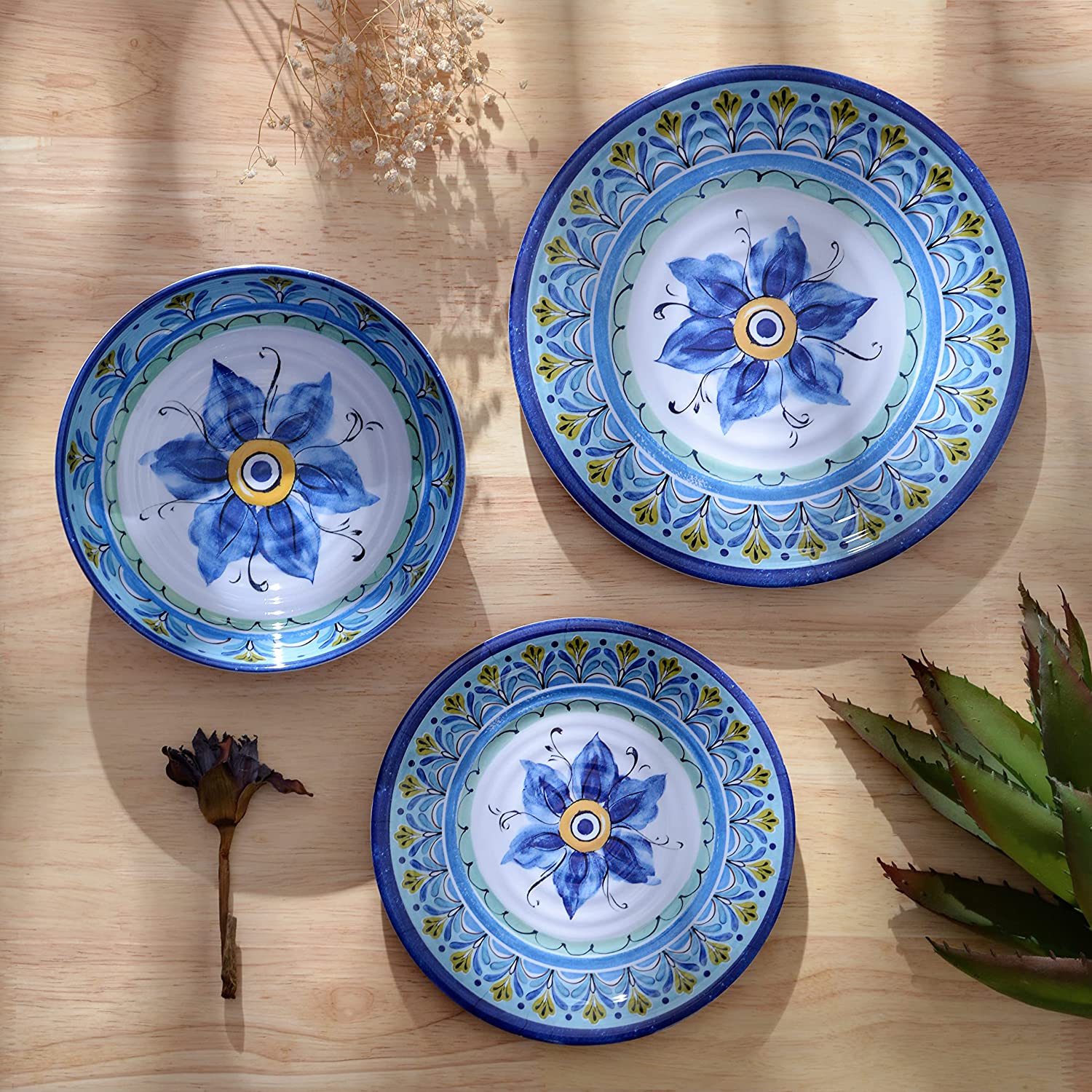 Дизајн на сино цвет без BPA 12 парчиња чинии и чинии Сетови за вечера од меламин за машина за миење садови