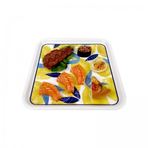 Letnie, kwadratowe talerze obiadowe z nadrukiem cytryny i owoców z melaminy