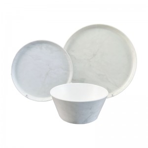 Chegada nova para uso externo e interno 3 pçs mármore branco melamina pratos e tigelas conjunto de talheres