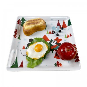Божиќна шема од 8 инчи Модерен стил Приспособете ја повеќекратно употребливата квадратна чинија Пустинско јадење Меламин Цврста пластична десертна закуска Странична чинија