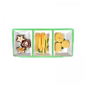 ໃບໄມ້ເຂດຮ້ອນອອກແບບ Melamine ສີຂາວ 3 ຊ່ອງແບ່ງແຍກ Dipping Sauce Dish Rectangular Plate Chip And Dip Tray