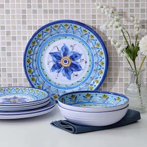 Deseño de flores azules sen BPA, 12 pratos e cuncas, xogos de vajilla de melamina aptos para lavavajillas