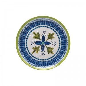Custom 11″ green and blue round rimless melamine flat dinner plate