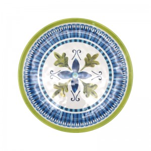 Prilagođeni 11″ zeleni i plavi okrugli melaminski ravni tanjir za jelo bez ivica