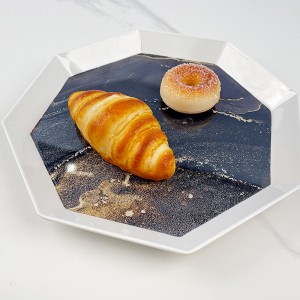 Vassoio personalizzato per decorazione con stampa in melamina, pane bianco, caffè bianco, all'ingrosso per vassoio ottagonale per sandwich