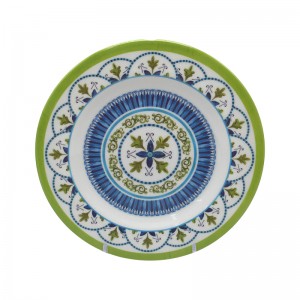 Vlastný 11″ zelený a modrý okrúhly melamínový plochý tanier bez okrajov