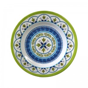 Anpassad 11″ grön och blå rund, platt mattallrik i melamin utan kanter