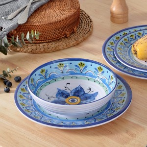 BPA Free Blue flower Design 12pcs Plate and Bowls Melamine Dinnerware Sets para sa Dishwasher Safe