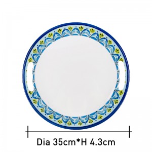 13.8 inch Floral Round Tray Decal Design Melamine Serving Tray for Restaurant Hotel Kitchen with handle Plastic Plate Blue White