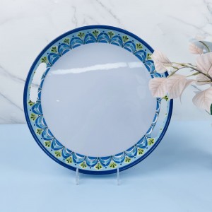 13.8 inch Floral Round Tray Decal Design Melamine Serving Tray for Restaurant Hotel Kitchen with handle Plastic Plate Blue White