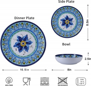 BPA-frije blauwe blomûntwerp 12pcs Borden en kommen Melamine Dinnerware Sets foar ôfwaskmasjine feilich