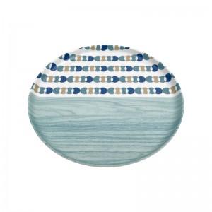 Placa redonda de melamina de estilo nórdico con logotipo personalizado de fábrica azul, superficie brillante, fiestas en casa sostenibles
