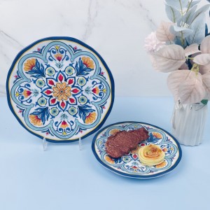 Wholesale Nordic style Customized colorful decal printing round plates set restaurant food grade Melamine Dinnerware dishes