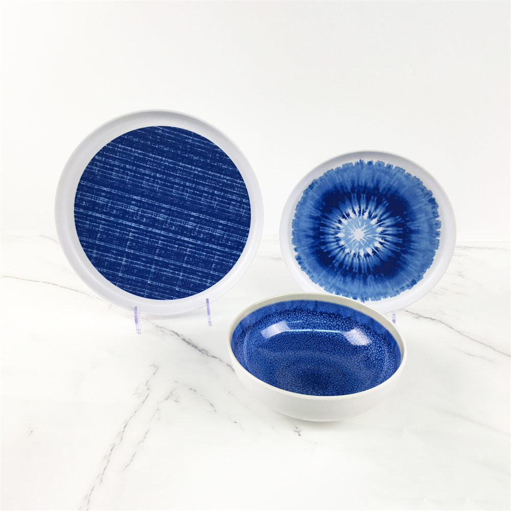 Melamine Plastic Custom Blue Grid Stripes Pattern Round Edge Plate Bowl Set BTH1061 BTH1062 Featured Image