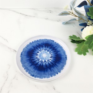 Melamin-Kunststoff-Teller mit rundem Rand und blauem Ray-Blumenmuster