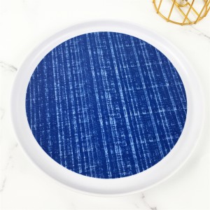 Melamine Plastic Custom Blue Grid Stripes Pattern Round Edge Plate