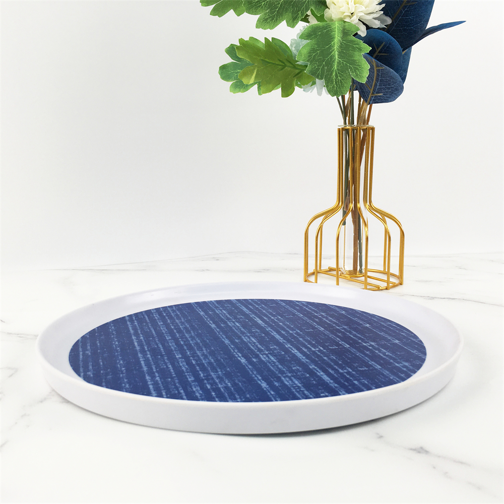 Free sample for Charger Plate - Melamine Plastic Custom Blue Grid Stripes Pattern Round Edge Plate – BECO