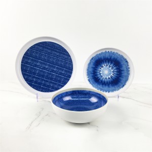 Melamine Plastic Custom Blue Grid Stripes Pattern Round Edge Plate Bowl Set BTH1061 BTH1062