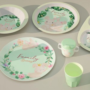 නව අභිරුචි Eco Green Bunny Design Melamine Bamboo Children Kid Baby Dinnerware Tableware Plate Bowl Cup Mug with Silcon Pid