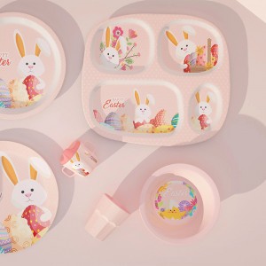 New Custom Eco Pink Bunny Design Melamine Bamboo Children Kid Baby Dinnerware Tableware Plate Bowl Cup Mug With Silcon Lid