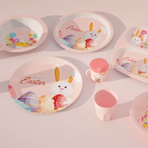Ọhụrụ Custom Eco Pink Bunny Design Melamine Bamboo Children Kid Baby Dinnerware tableware Plate Bowl Cup Mug with Silcon mkpuchi