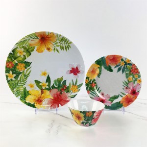 Nyári műanyag melamin elegáns trópusi gyönyörű virágmintás kerek tányér tál készlet