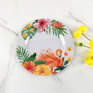 Summer Plastic Melamine Elegant Flamingo Single Tropical Leaves Flower Own Design Round Plate Dish