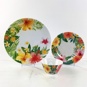 Summer Plastic Melamine Elegant Tropical Gorgeous Flowers Pattern Round Plate Bowl Set