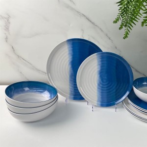 Tableware Plastic Design e Ncha ea Sejoale-joale Melamine e Khabane ea Sky Blue White Dinnerware Set