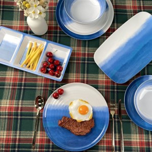 Tebụlụ Plastic Ọhụrụ Nhazi Ọhụrụ Melamine Ọcha Eluigwe Blue White Dinnerware Set
