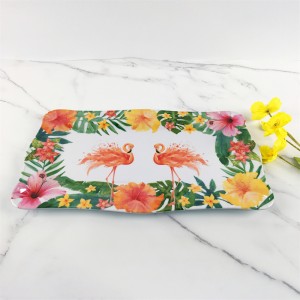 Kunststoff-Melamin-Tablett, elegant, tropischer Dschungel, Blumenmuster, Flamingo-Muster, unregelmäßiger Rand, rechteckig