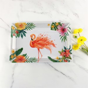 Kunststoff-Melamin-elegantes tropisches Dschungel-Blumen-Flamingo-Muster, rechteckiges tiefes Tablett mit Griff