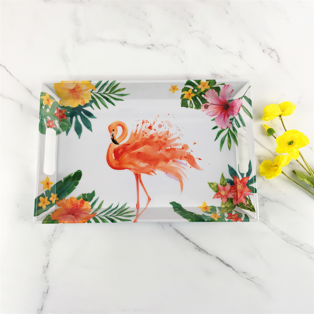 Manufactur standard Restaurant Tray - Plastic Melamine Elegant Tropical Jungle Floral Flamingo Pattern Rectangular Deep Tray With Hndle – BECO