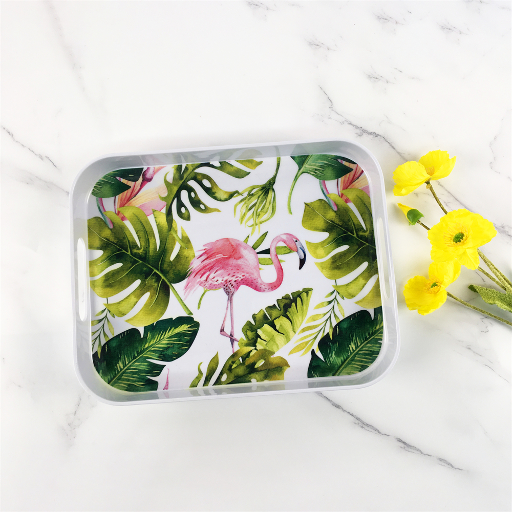 Free sample for Indian Wedding Tray -  Plastic Melamine Elegant Tropical Jungle Leaf Flamingo Pattern Rectangular Deep Tray With Handle – BECO