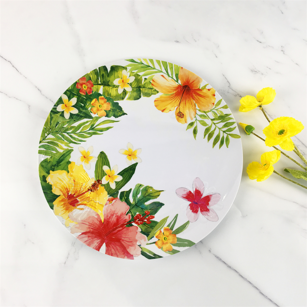 Plastic Melamine Elegant Tropical Gorgeous Flowers Pattern Round Plate Featured Image