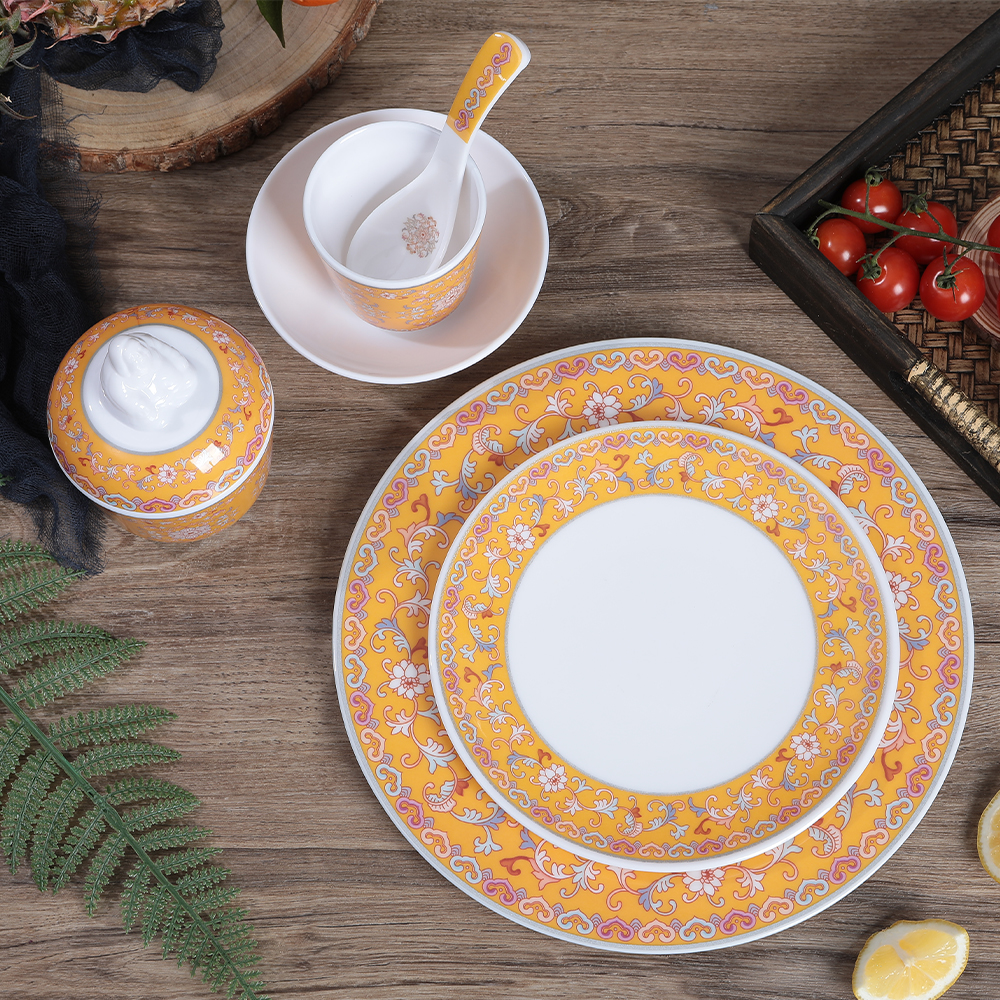Plastic Melamine Elegant Enamel Porcelain Design Chinese Ancient Court Style Luxury Yellow Dinnerware Set Featured Image