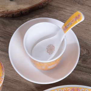 Plastik Melamin Elegant Enamel Porcelain Rekaan Gaya Mahkamah Kuno Cina Set Makan Malam Mewah Kuning