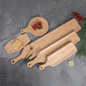 Utensílios de mesa de melamina personalizados padrão de madeira simples pizza prato de carne ocidental tábua de cortar bandeja de cabo longo